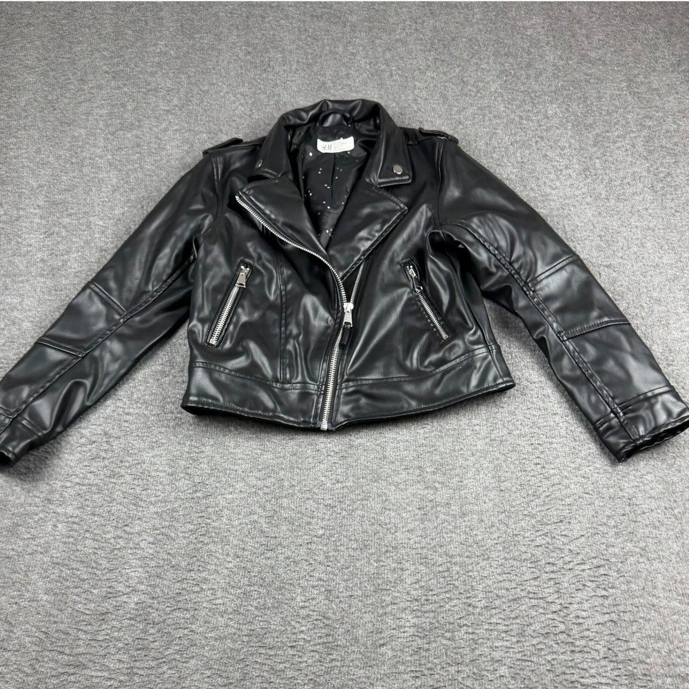 H&M Girls Black Faux Leather Moto Biker Jacket Polka Dot Lining Size‎ 8-9Y